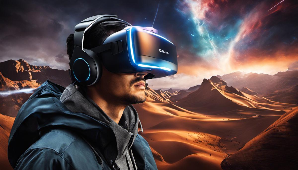 Image description: Virtual reality headset with gaming visuals displayed on the screen.