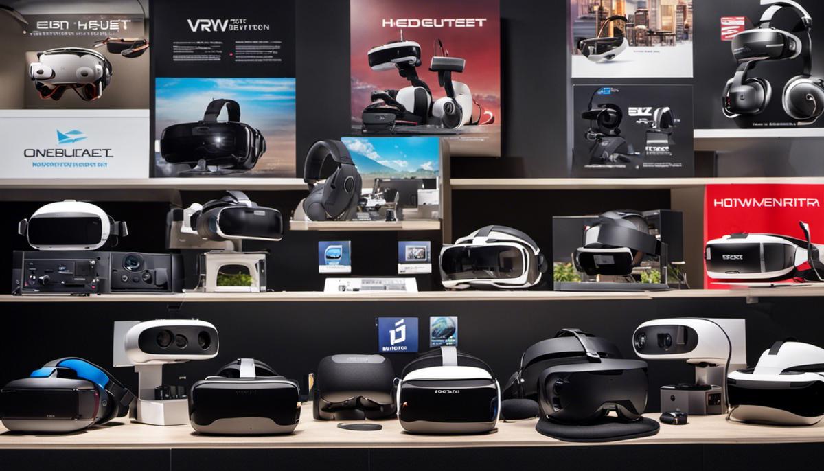 An image showing the evolution of VR hardware, from early headsets to modern, high-definition models.