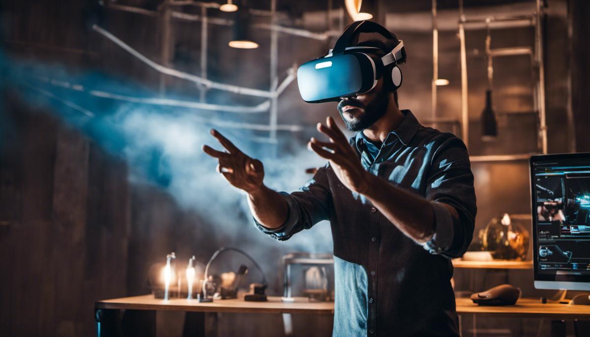 A man wearing a VR headset and interacting with virtual objects, illustrating the promise and potential of virtual reality technology.